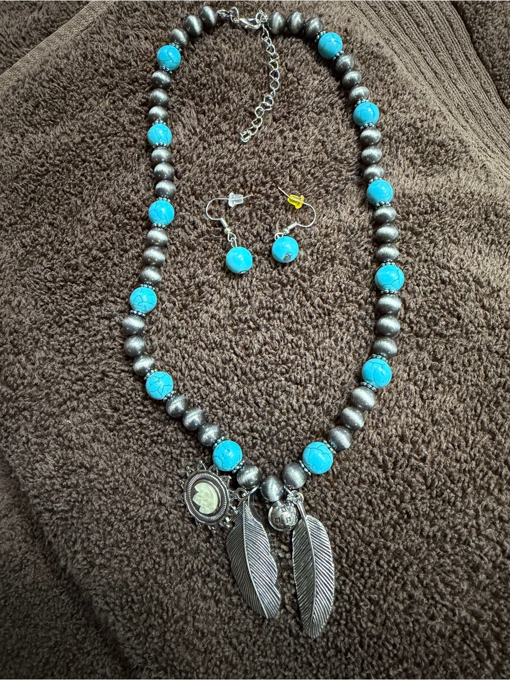 Turquoise Bead and Silver Feather Necklace with Matching Earrings